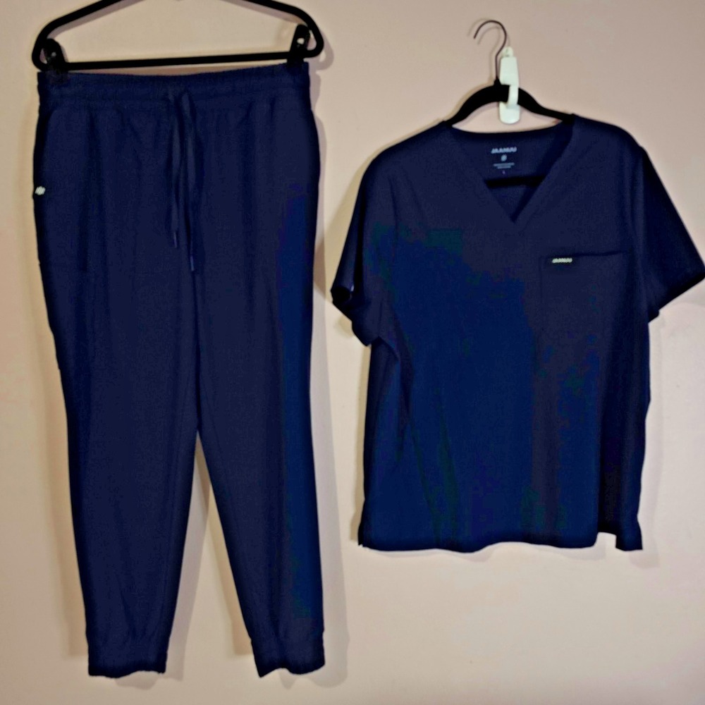 Jaanuu Large Navy Blue UltraLITE Scrub Set Top Shirt Bottom Pants Jogger Style
